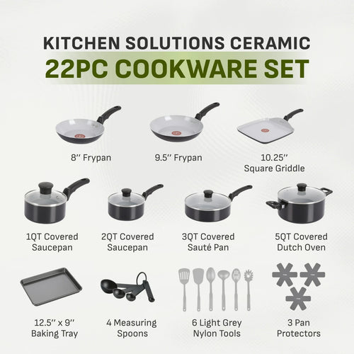 Kitchen Solutions Ceramic, 22 Piece Cookware Set, Black, New.